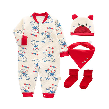 班杰威尔（BANJVALL）婴儿衣服秋冬纯棉夹棉连体衣加厚爬服5件套加厚小红熊