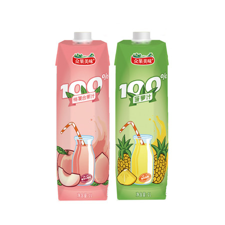 众果美味 100%纯果汁 苹果汁 桃汁 菠萝汁 多种口味组合 1L*2盒图片