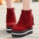 冬季新款 短靴欧美磨砂短筒圆头超高跟内增高流苏靴红色靴子