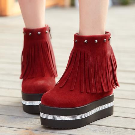 冬季新款 短靴欧美磨砂短筒圆头超高跟内增高流苏靴红色靴子图片