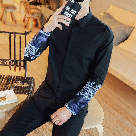 2017衬衫男士长袖t恤唐装中国风体桖青年上衣服修身秋季刺绣外套图片