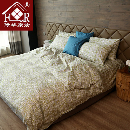 际华家纺 精梳棉印花四件套床上用品 色彩低调简洁大方（简尚主义-浅黄色）图片