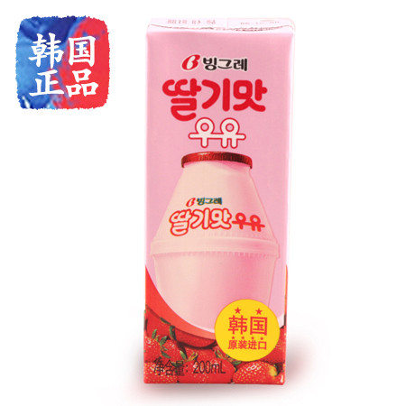 韩国进口乳品 宾格瑞草莓牛奶果汁饮料200ml