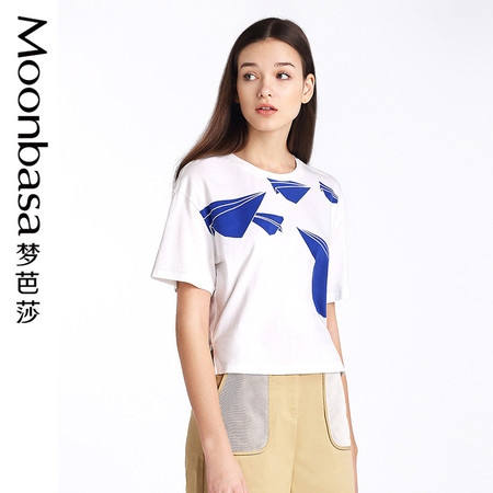 Moonbasa/梦芭莎欧美休闲女装合身针织百搭印花圆领短袖T恤图片