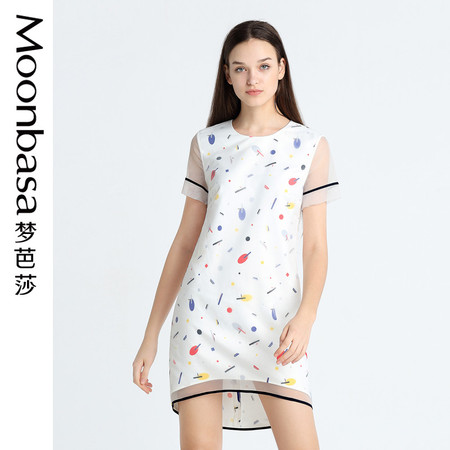 Moonbasa/梦芭莎数码印花梭织圆领外罩欧根纱卷袖时尚连衣裙