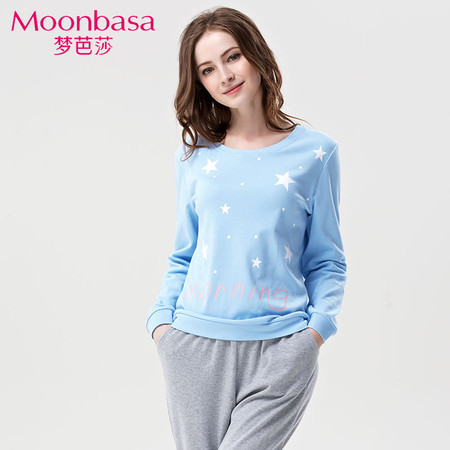 Moonbasa/梦芭莎星点印花亲肤棉套头圆领长袖长裤家居服套装 女图片