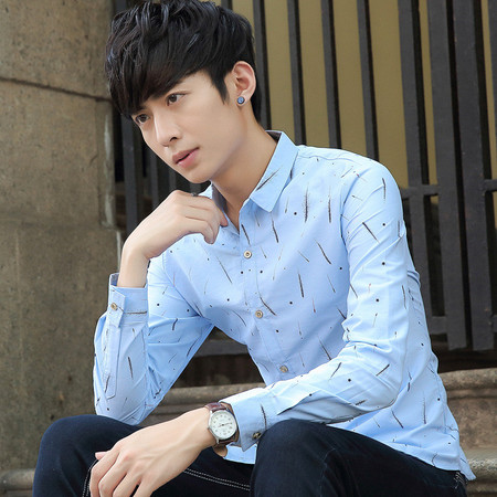 秋季男士长袖衬衫修身韩版印花白衬衫男休闲衬衣图片