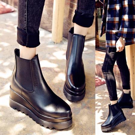 韩版2016坡跟厚底防水台内增高真皮短靴尖头高跟鞋套脚弹力靴