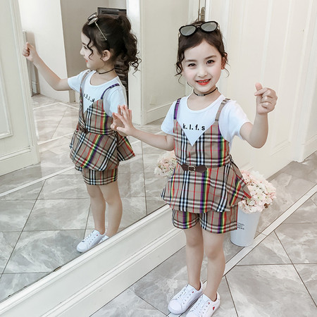 易蓓儿  女童夏装套装洋气2020新款韩版中大儿童短袖夏季格子短裤两件套潮图片