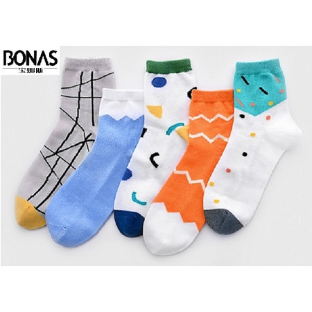 【包邮】宝娜斯/BONAS儿童纯棉袜子宝宝袜子5双礼盒装春秋款童袜学生袜BCD-016