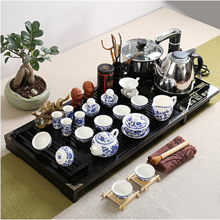 四合一电磁炉紫砂茶具套装 家用实木茶盘陶瓷紫砂功夫茶具整套茶道茶海茶台茶杯
