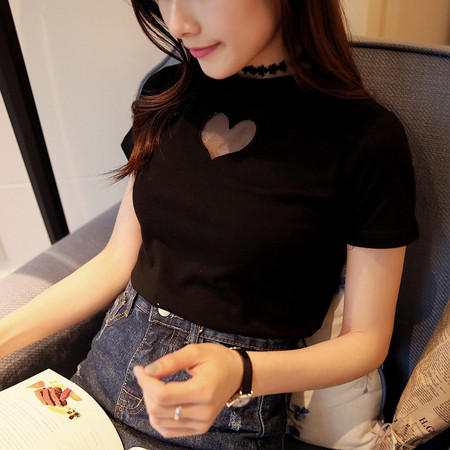 JYZL 夏新款韩国爱心网纱圆领短袖t恤女纯色修身打底衫上衣潮图片