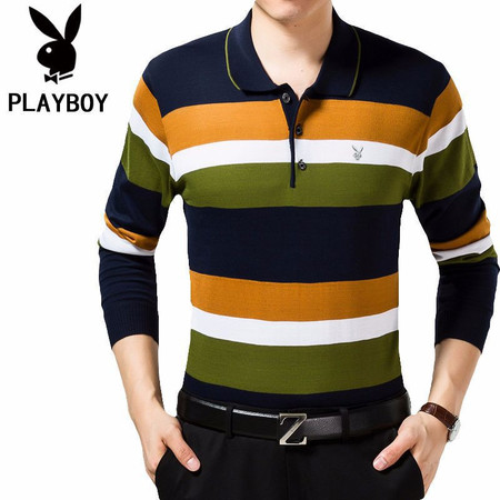 PLAYBOY/花花公子男装 春秋新品中年男士套头翻领长袖棉T恤