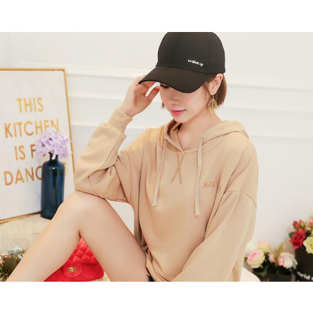 FX2018新款秋装韩版薄款长袖连帽卫衣女纯色刺绣字母上衣