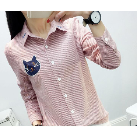 FX新款韩版条纹长袖衬衫百搭猫头刺绣打底衬女图片