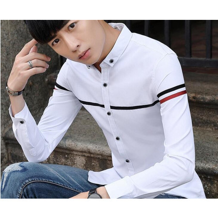 BJN休闲青少年男士长袖条纹衬衫修身韩版免烫衬衣学生上衣潮图片
