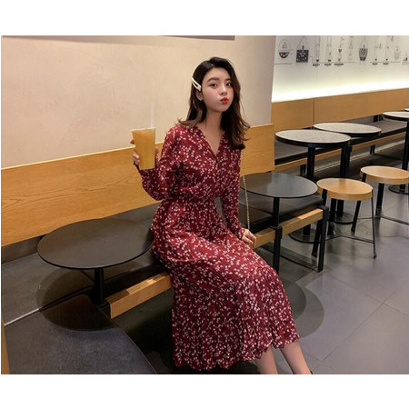朵维思红色雪纺连衣裙女春季2019新款韩版女装过膝长袖碎花长裙F5866图片