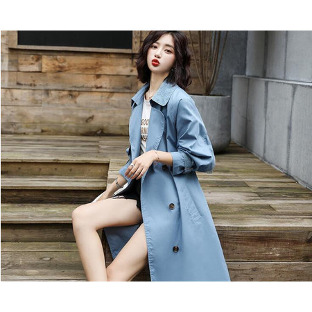 春季新款女装韩版chic时尚百搭双排扣蕾丝拼接显瘦风衣外套
