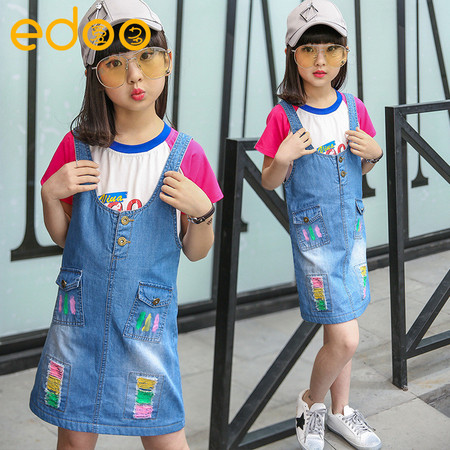 edoo女童连衣裙儿童夏装2017年新款韩版女童牛仔背带裙子童装图片