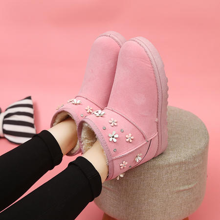 木槿 雪地靴女短筒短靴平底学生棉靴子甜美花朵粉色面包鞋冬季厚底女鞋