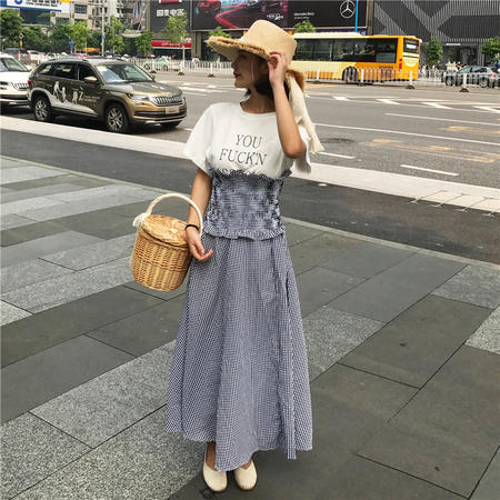 MSWU 夏季新款女装韩版修身显瘦抹胸格子上衣+松紧腰半身裙两穿套装潮图片