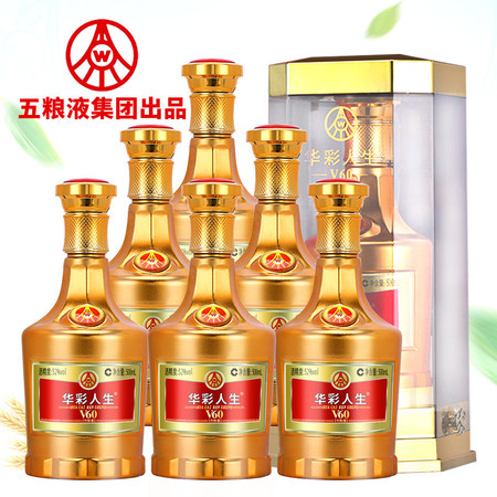 宜宾五粮液集团出品 华彩人生V60竹荪酒高度数52度白酒500ml*6瓶整箱酒水送礼套装