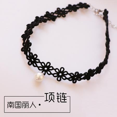 汉寿南国丽人 韩式 原宿 颈链黑色花纹麂皮珍珠项链图片