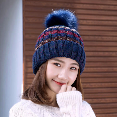韩版冬天帽子女士卷边拼色毛线帽毛球保暖毛线针织帽图片