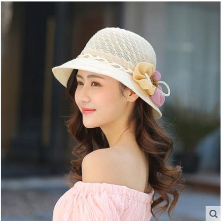 夏季可折叠防晒沙滩帽夏天草帽花朵遮阳帽遮脸韩版潮女帽子