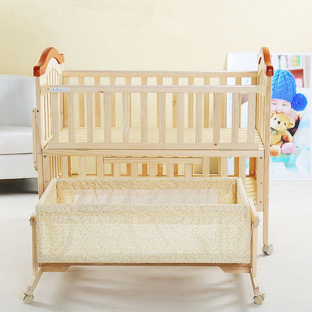 A实木婴儿床简约现代双层带摇篮宝宝摇床可加长送蚊帐