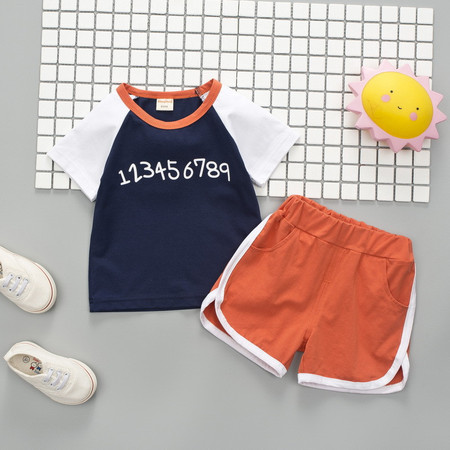 X数字拼接男童短袖套装 韩版童装夏季新款1-3岁小童T恤短裤两件套图片