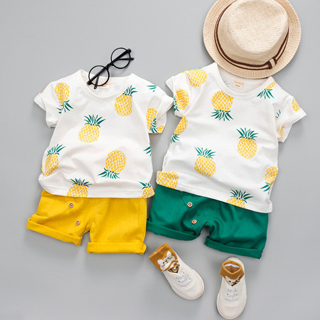 X韩版可开档儿童套装短袖夏季原创童装新品菠萝女童T恤短裤两件套