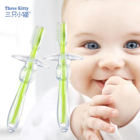 三只小猫婴儿童挡板牙刷*2支宝宝训练儿童乳硅胶牙刷防滑柔软图片