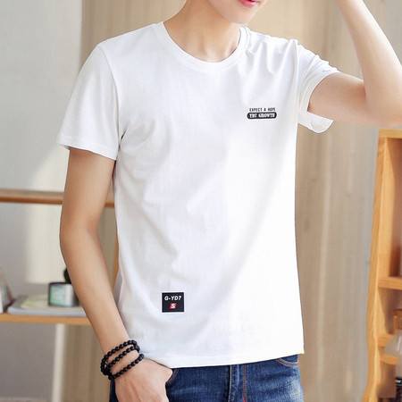 短袖T恤男士夏季t恤圆领印花韩版潮流修身半袖上衣白色打底体恤服装LPS图片