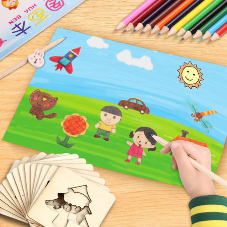 儿童益智类玩具儿童画画套装绘画套装幼儿园小学生初学基础涂鸦镂空木质玩具（30片纸质模板）图片