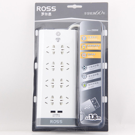 罗尔思ROSS 新国标双排8组小五孔总控线长1.8米象牙白 W80（18）
