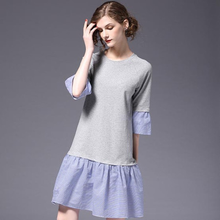 法米姿  春季新款女装韩版设计感拼接宽松大码喇叭袖假两件针织连衣裙