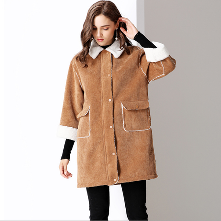 法米姿   冬装新款女韩版时尚休闲撞色翻领条纹宽松中长款加绒大衣外套	68301