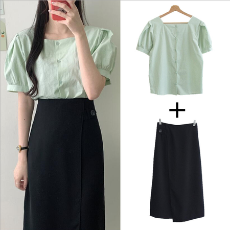 日韩夏季两件套连衣裙方领衬衫+中长款半身裙时尚休闲图片