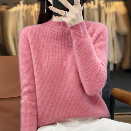 法米姿 一线成衣100%纯羊毛衫女圆领韩版宽松针织衫设计感羊毛衫图片
