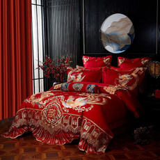蓝漂(Lampure) 100支长绒棉婚庆四件套全棉纯棉龙凤被大红床上用品结婚被罩