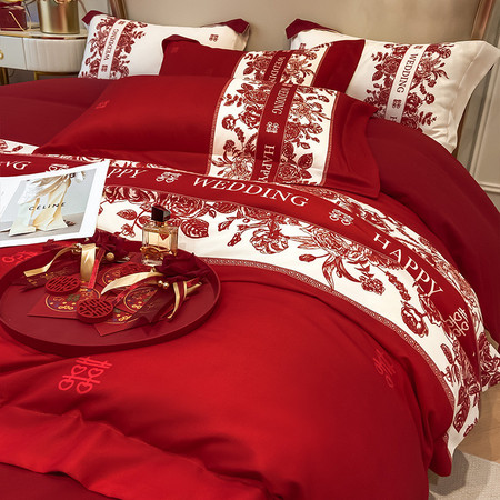 中科港  轻奢结婚四件套中式印花高级感红色被套喜庆新婚婚庆陪嫁床上用