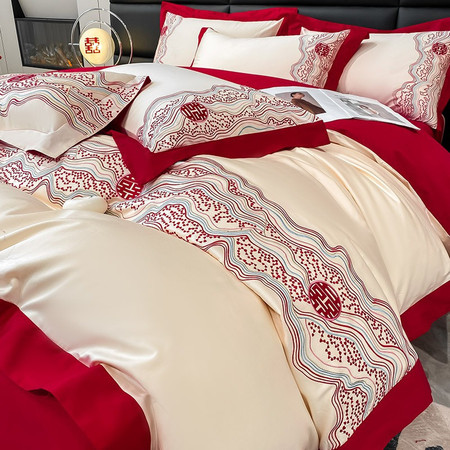 中科港 春夏季结婚床上四件套婚庆纯棉100全棉红色床单被套床笠款床品图片