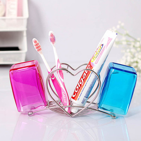欧润哲 家居心形不锈钢牙刷架+创意刷牙杯 牙刷架牙具韩国情侣漱口杯套装