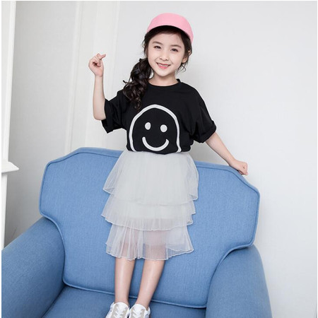 2019韩版童裙套女童夏季新品中大童儿童笑脸蛋糕裙两件套潮PWY图片