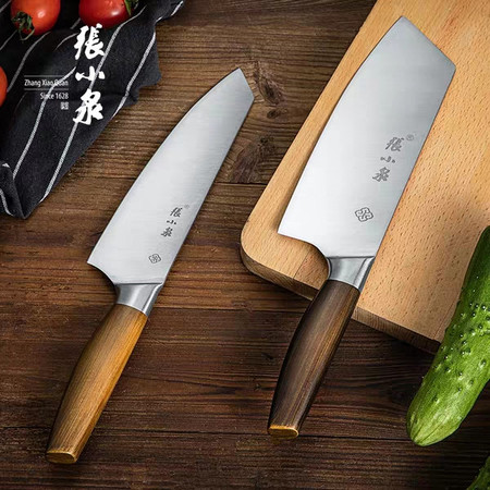 张小泉鬼冢系列菜刀厨房家用刀具厨师专用 不锈钢刀柄木纹拉丝工艺 两件套图片