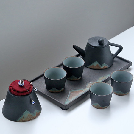 苏氏陶瓷 SUSHI CERAMICS 手绘彩画整套茶具山形画茶壶配精美茶盘茶叶罐7件功夫茶具套装图片