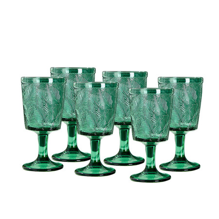 青苹果 墨绿法式浮雕高脚杯玻璃杯ins风复古绿色红酒杯子6只装图片