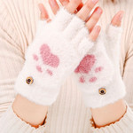 行科 可爱卡通猫爪手套冬季保暖加绒加厚半指翻盖女款针织手套