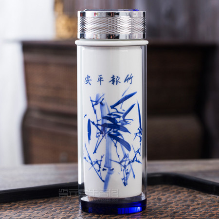 景德镇陶瓷青花水杯水晶玻璃双层保温杯办公泡茶杯餐饮杯350ML 【款式随机发，介意者慎拍】图片